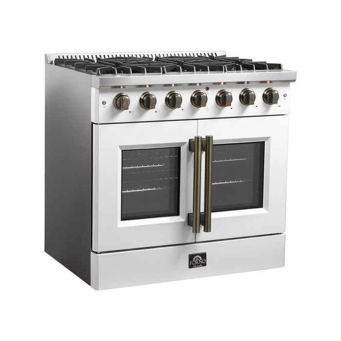 Forno Galiano 36-inch French Door Gas Range White and Antique Brass Design, 6 Sealed Burners 83,000 BTU, 5.36 cu.ft. Convection Oven