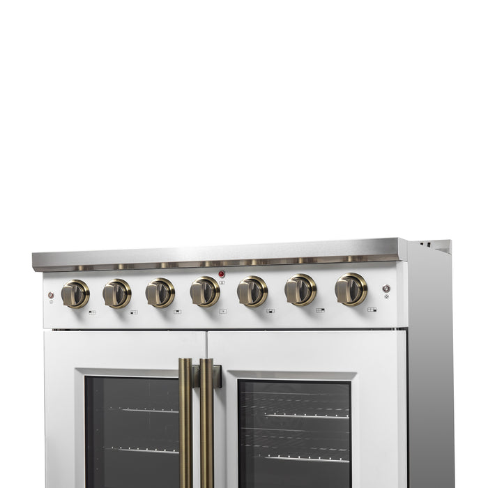 Forno Galiano 36-inch French Door Gas Range White and Antique Brass Design, 6 Sealed Burners 83,000 BTU, 5.36 cu.ft. Convection Oven