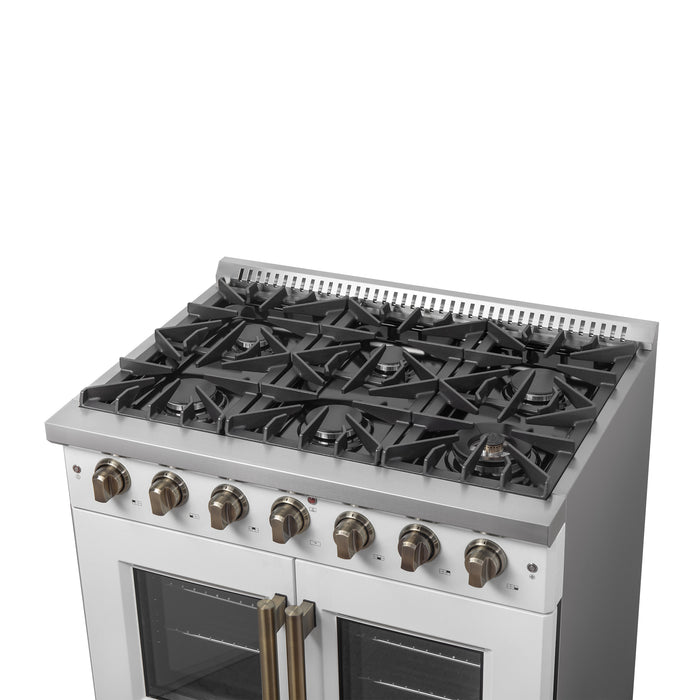 Forno Galiano 36-inch French Door Gas Range White and Antique Brass Design, 6 Sealed Burners 83,000 BTU, 5.36 cu.ft. Convection Oven