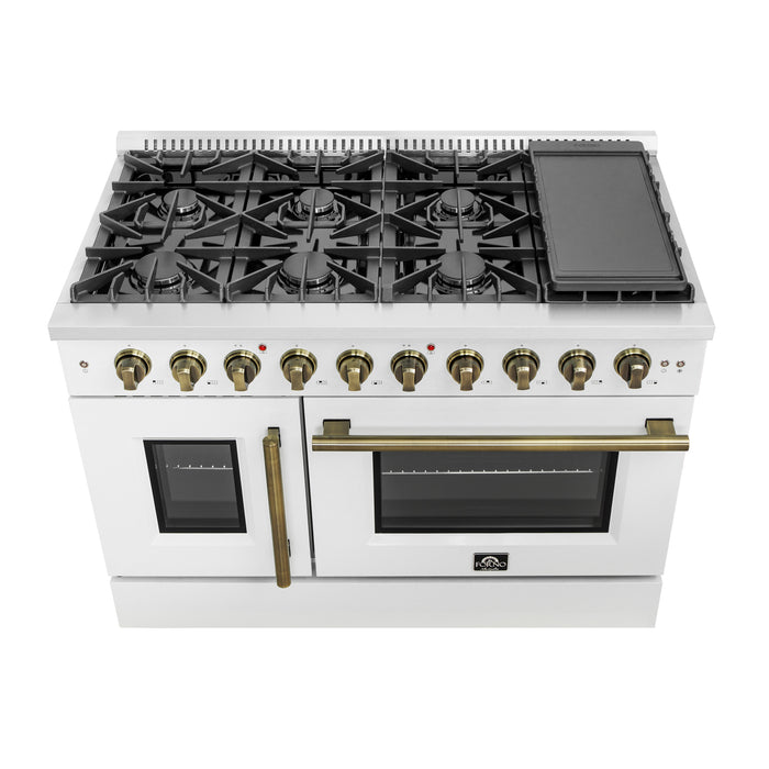 Forno Galiano 48-Inch Freestanding French Door Gas Range, White & Antique Brass