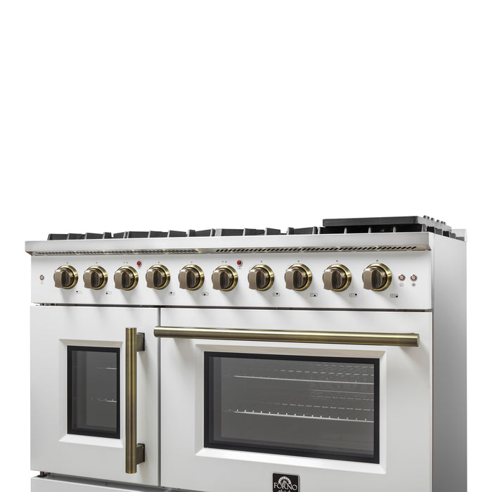 Forno Galiano 48-Inch Freestanding French Door Gas Range, White & Antique Brass