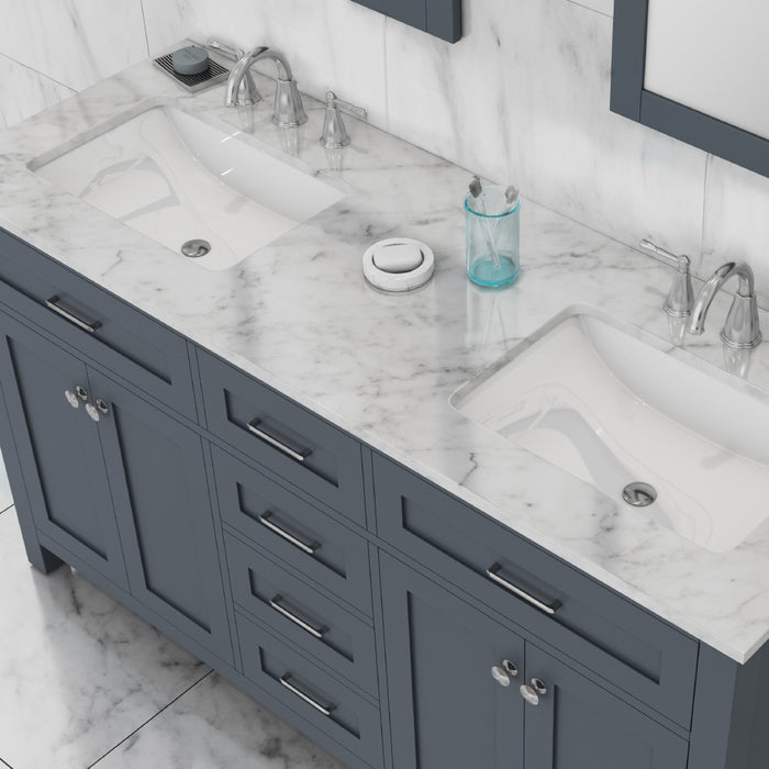 Norwalk 60" Double Vanity in Gray with Carrera Marble Top