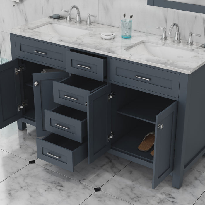 Norwalk 60" Double Vanity in Gray with Carrera Marble Top