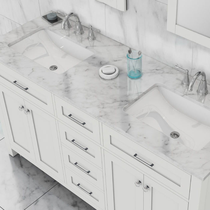 Norwalk 60" Double Vanity White with Carrera Marble Top