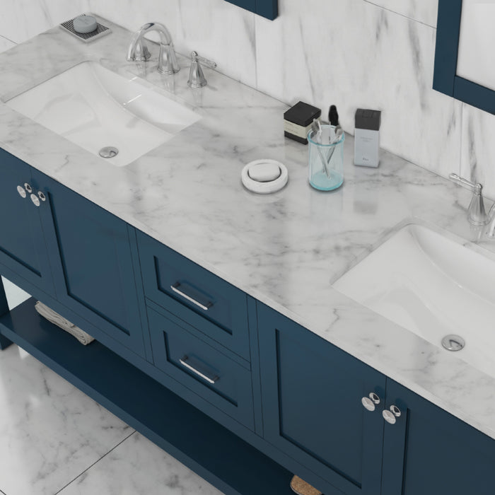 Wilmington 72" Double Vanity in Blue with Carrera Marble Top