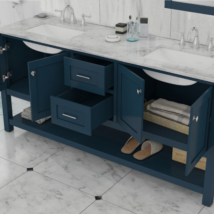 Wilmington 72" Double Vanity in Blue with Carrera Marble Top