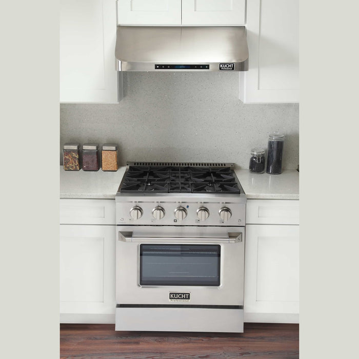 Kucht 5-Piece Appliance Package - 30-Inch Dual Fuel Range in Natural Gas, 36-Inch Refrigerator with Water Dispenser, Dishwasher, Microwave Wall Oven & Under Cabinet Range Hood in Stainless Steel