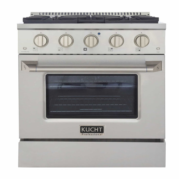 Kucht 4-Piece Appliance Package - 30-Inch Dual Fuel Range in Natural Gas, 36-Inch Refrigerator with Water Dispenser, Dishwasher & Wall Mount Range Hood in Stainless Steel