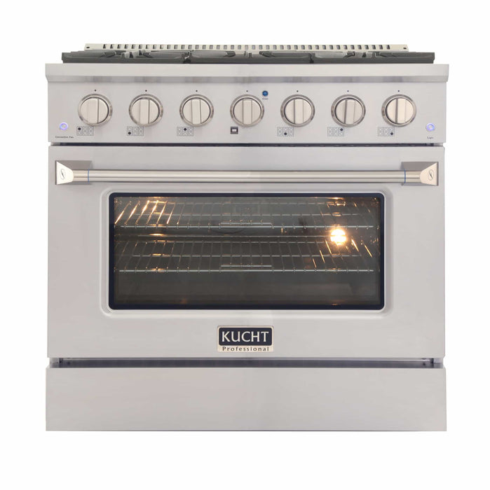Kucht 4-Piece Appliance Package - 36-Inch Dual Fuel Range in Propane Gas, 36-Inch Refrigerator with Water Dispenser, Dishwasher & Under Cabinet Range Hood in Stainless Steel