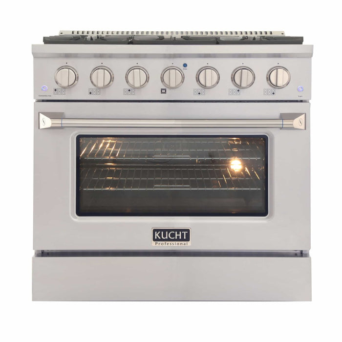 Kucht 3-Piece Appliance Package - 36-Inch Dual Fuel Range in Propane Gas, 36-Inch Refrigerator with Water Dispenser, & Dishwasher in Stainless Steel