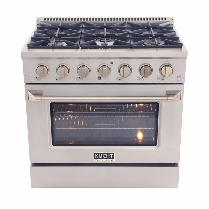 Kucht 3-Piece Appliance Package - 36-Inch Dual Fuel Range in Propane Gas, 36-Inch Refrigerator with Water Dispenser, & Dishwasher in Stainless Steel