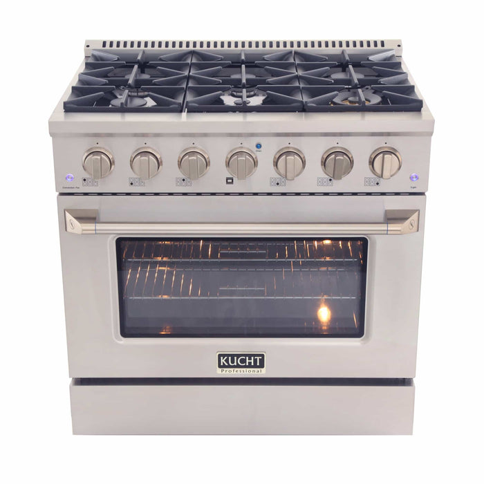 Kucht 5-Piece Appliance Package - 36-Inch Dual Fuel Range in Natural Gas, 36-Inch Refrigerator with Water Dispenser, Dishwasher, Wall Mount Range Hood & Microwave Drawer in Stainless Steel