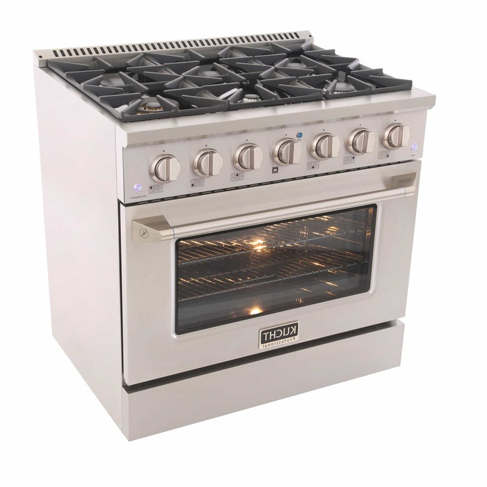 Kucht 4-Piece Appliance Package - 36-Inch Dual Fuel Range in Natural Gas, 36-Inch Refrigerator, Dishwasher & Wall Mount Range Hood in Stainless Steel