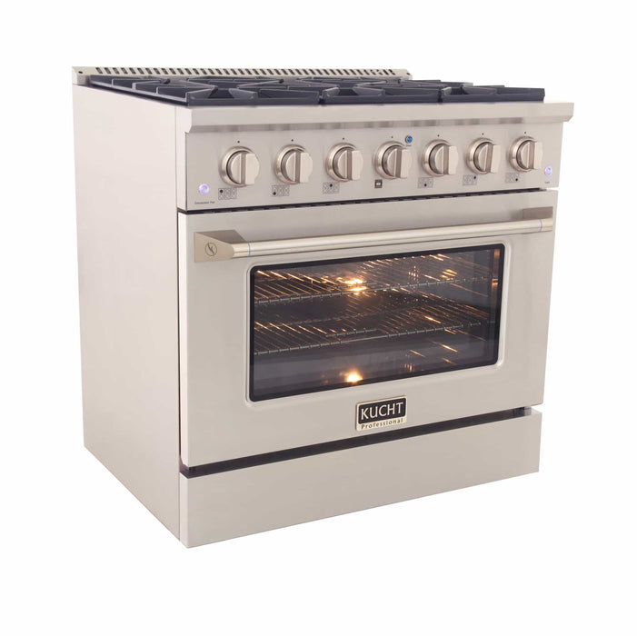 Kucht 4-Piece Appliance Package - 36-Inch Dual Fuel Range in Propane Gas, 36-Inch Refrigerator with Water Dispenser, Dishwasher & Under Cabinet Range Hood in Stainless Steel