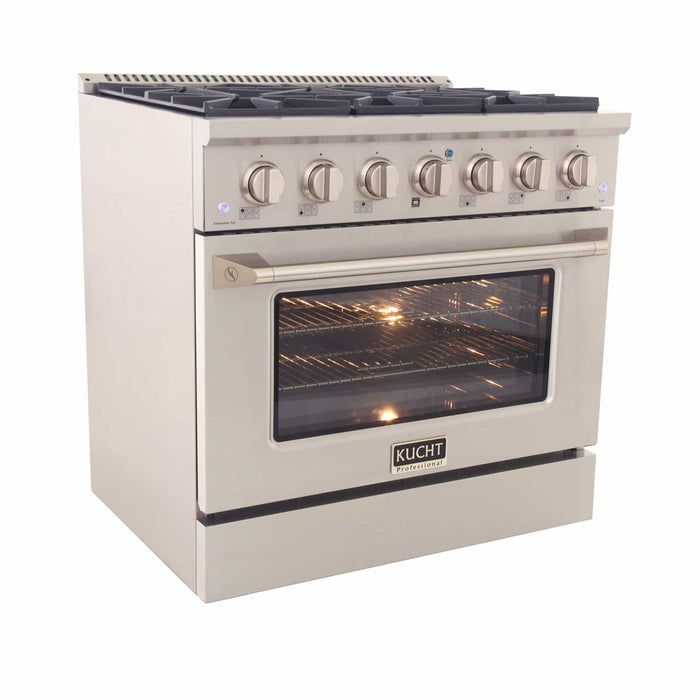 Kucht 4-Piece Appliance Package - 36-Inch Dual Fuel Range in Natural Gas, 36-Inch Refrigerator with Water Dispenser, Dishwasher & Under Cabinet Range Hood in Stainless Steel