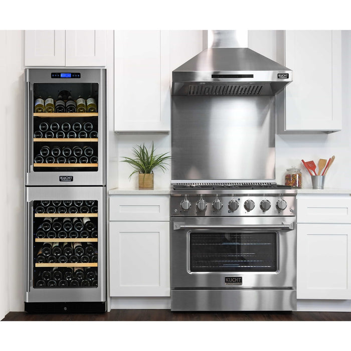 Kucht 4-Piece Appliance Package - 36-Inch Dual Fuel Range in Propane Gas, 36-Inch Refrigerator with Water Dispenser, Dishwasher & Wall Mount Range Hood in Stainless Steel