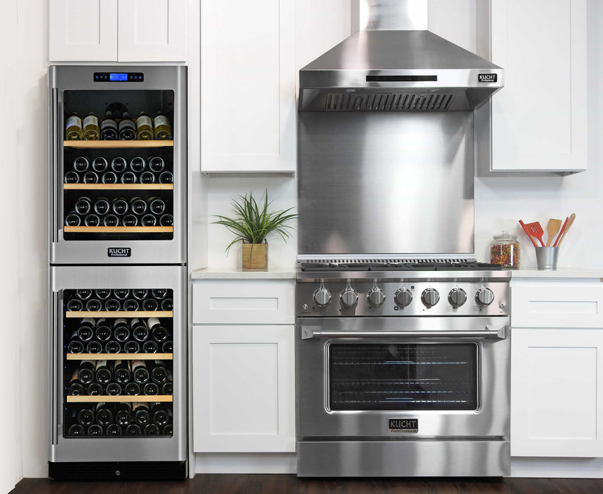Kucht 5-Piece Appliance Package - 36-Inch Dual Fuel Range in Propane Gas, 36-Inch Refrigerator, Dishwasher, Wall Mount Range Hood, & Microwave Wall Oven in Stainless Steel