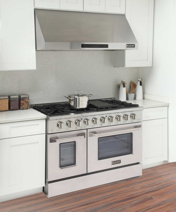 Kucht 5-Piece Appliance Package - 48-Inch Dual Fuel Range in Propane Gas, 36-Inch Refrigerator, Dishwasher, Microwave Wall Oven & Under Cabinet Range Hood in Stainless Steel