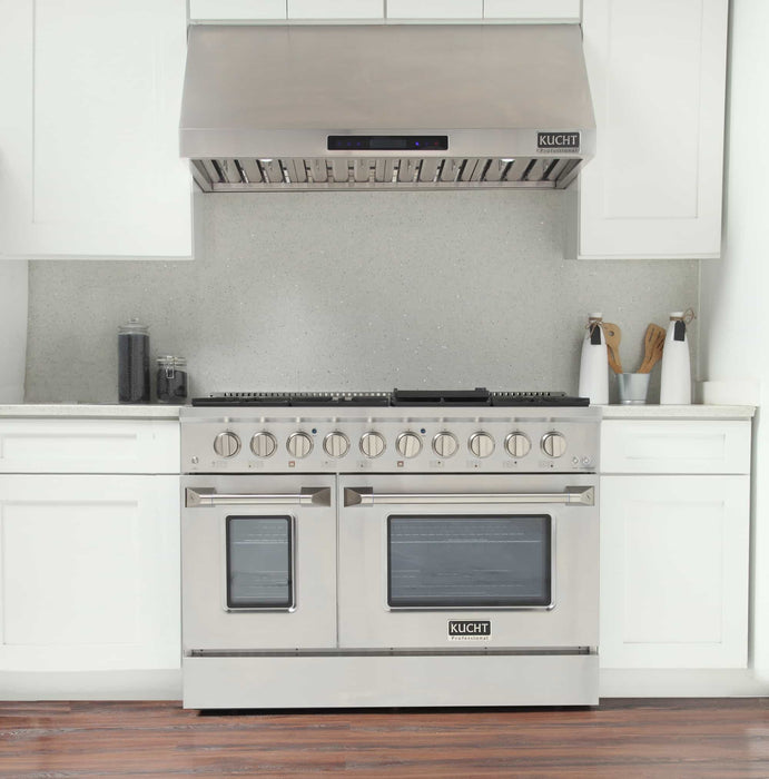 Kucht 5-Piece Appliance Package - 48-Inch Dual Fuel Range in Natural Gas, 36-Inch Refrigerator with Water Dispenser, Dishwasher, Wall Mount Range Hood, & Microwave Wall Oven in Stainless Steel
