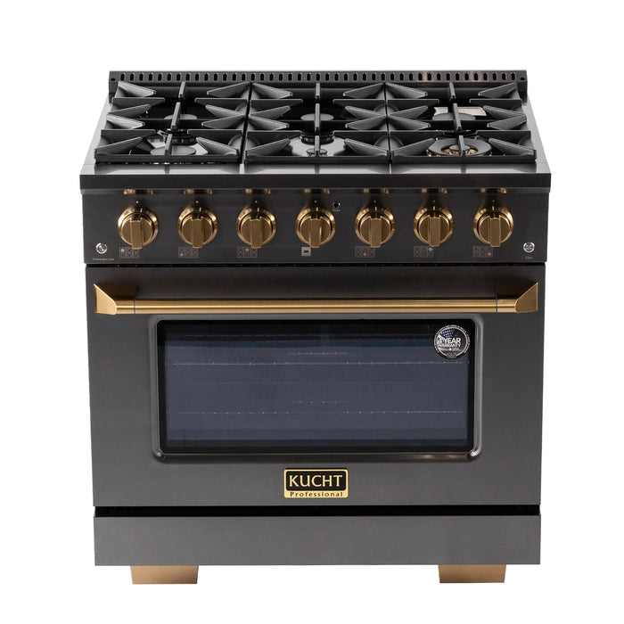 KUCHT Gemstone Professional 36-Inch 5.2 cu. ft. Gas Range with Sealed Burners and Convection Oven in Titanium Stainless Steel with Gold Accents (KEG363)