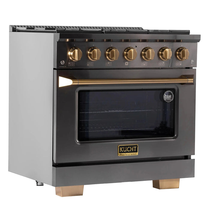 KUCHT Gemstone Professional 36-Inch 5.2 cu. ft. Gas Range with Sealed Burners and Convection Oven in Titanium Stainless Steel with Gold Accents (KEG363)