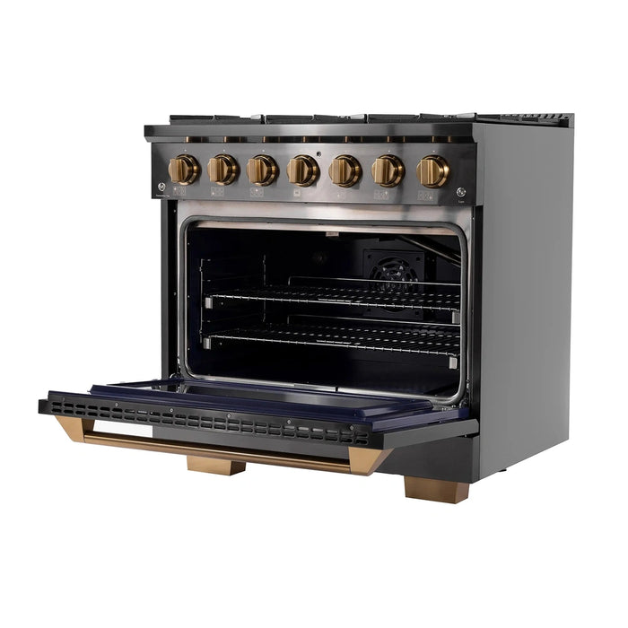 KUCHT Gemstone Professional 36-Inch 5.2 cu. ft. Gas Range with Sealed Burners and Convection Oven in Titanium Stainless Steel with Gold Accents (KEG363)