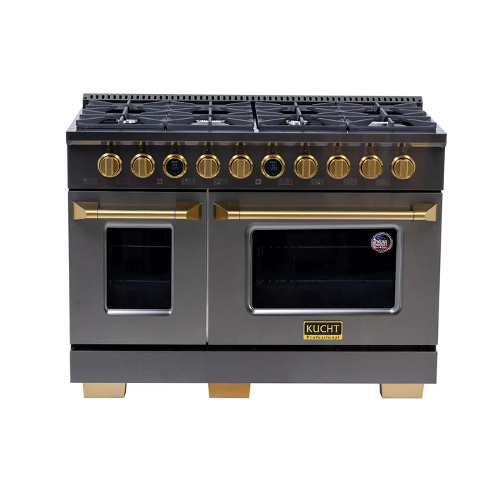 Kucht 2-Piece Appliance Package - 48-Inch Propane Gas Range with 6.7 Cu. Ft. Oven & Wall Mount Range Hood in Dark Titanium Stainless Steel with Gold Accents