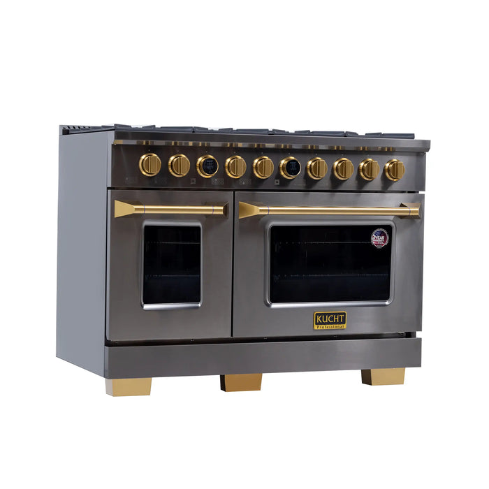 Kucht 2-Piece Appliance Package - 48-Inch Natural Gas Range with 6.7 Cu. Ft. Oven & Wall Mount Range Hood in Dark Titanium Stainless Steel with Gold Accents