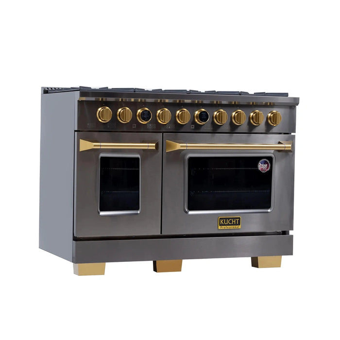 Kucht 2-Piece Appliance Package - 48-Inch Propane Gas Range with 6.7 Cu. Ft. Oven & Wall Mount Range Hood in Dark Titanium Stainless Steel with Gold Accents