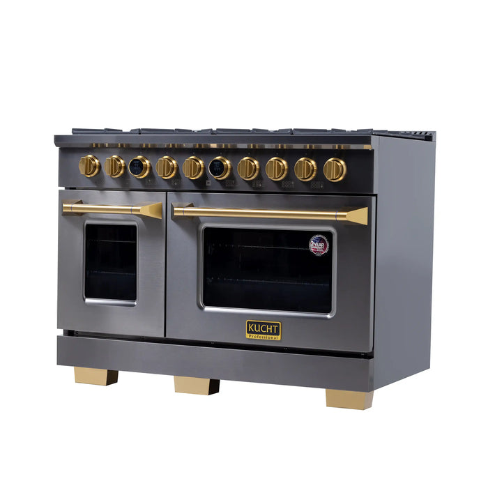 Kucht Horus 48-Inch Dual Fuel Range in Propane Gas with  6.7 cu. ft. Electric Oven & 8 Gas Burners in Dark Titanium Stainless Steel with Digital Thermostat (KXD48/LP)