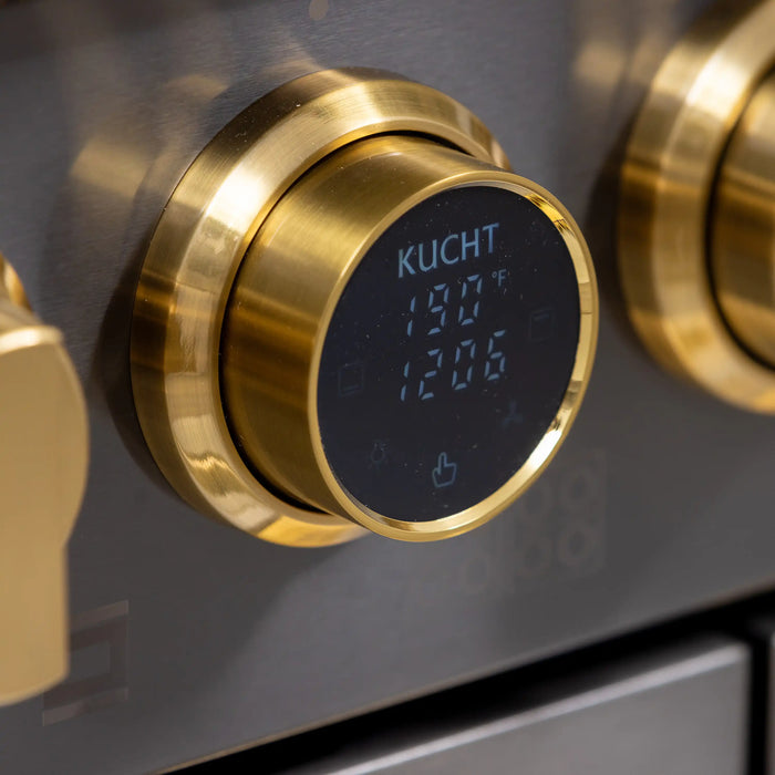 Kucht 2-Piece Appliance Package - 48-Inch Natural Gas Range with 6.7 Cu. Ft. Oven & Wall Mount Range Hood in Dark Titanium Stainless Steel with Gold Accents