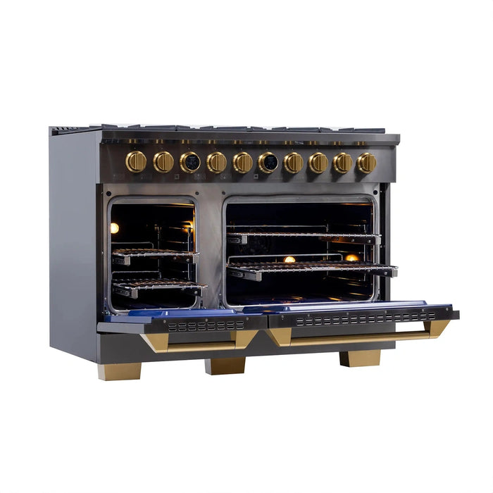 Kucht 2-Piece Appliance Package - 48-Inch Propane Gas Range with 6.7 Cu. Ft. Oven & Wall Mount Range Hood in Dark Titanium Stainless Steel with Gold Accents
