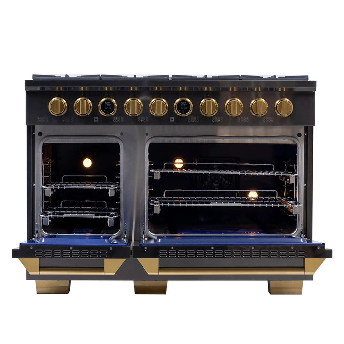 Kucht 2-Piece Appliance Package - 48-Inch Propane Gas Range with 6.7 Cu. Ft. Oven & Wall Mount Range Hood in Dark Titanium Stainless Steel with Gold Accents