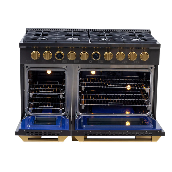 Kucht 2-Piece Appliance Package - 48-Inch Natural Gas Range with 6.7 Cu. Ft. Oven & Wall Mount Range Hood in Dark Titanium Stainless Steel with Gold Accents