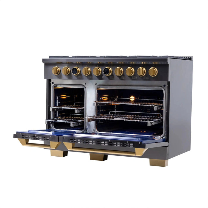 Kucht 2-Piece Appliance Package - 48-Inch Propane Gas Range with 6.7 Cu. Ft. Oven & Wall Mount Range Hood in Dark Titanium Stainless Steel with Gold Accents