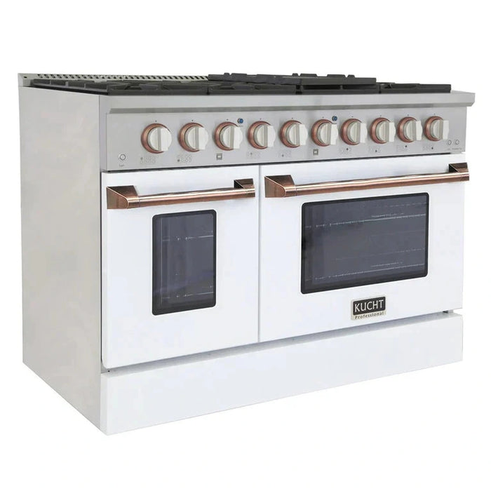 Kucht Signature 48-Inch Propane Gas Range with Convection Oven in White with White Knob & Rose Gold H&le (KNG481/LP-W-ROSE)