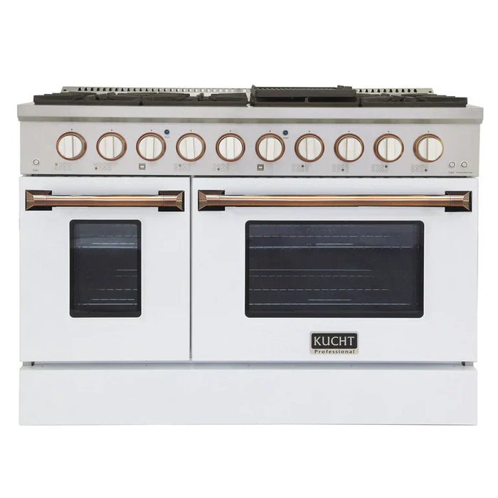 Kucht Signature 48-Inch Propane Gas Range with Convection Oven in White with White Knobs & Gold H&le (KNG481/LP-W-GOLD)