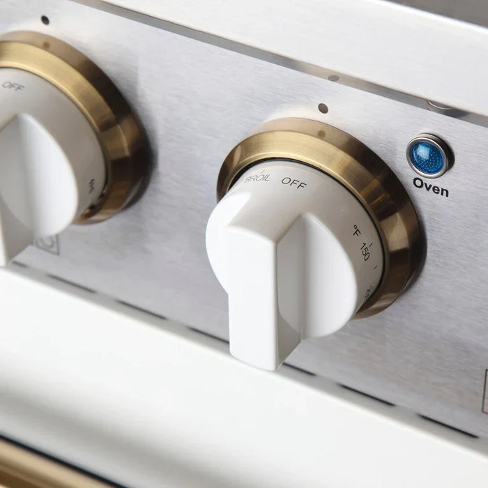 Kucht Signature 48-Inch Propane Gas Range with Convection Oven in White with White Knobs & Gold H&le (KNG481/LP-W-GOLD)