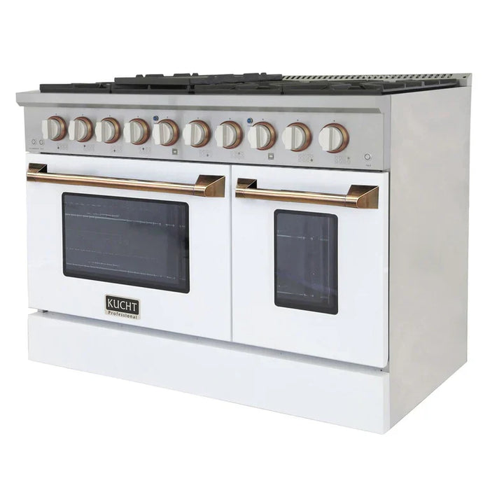 Kucht Signature 48-Inch Propane Gas Range with Convection Oven in White with White Knobs & Gold H&le (KNG481/LP-W-GOLD)