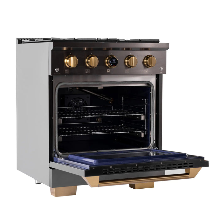 Kucht 2-Piece Appliance Package - 30-Inch Natural Gas Range with 4.2 Cu. Ft. Oven & Wall Mount Range Hood in Dark Titanium Stainless Steel with Gold Accents