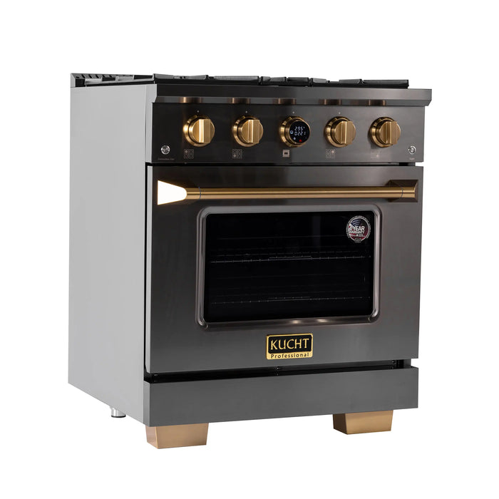 Kucht 2-Piece Appliance Package - 30-Inch Natural Gas Range with 4.2 Cu. Ft. Oven & Wall Mount Range Hood in Dark Titanium Stainless Steel with Gold Accents