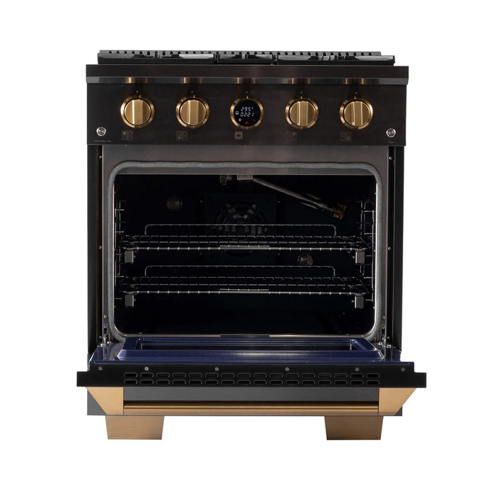 Kucht Horus 30-Inch Dual Fuel Range in Propane Gas with  4.2 cu. ft. Electric Oven & 4 Gas Burners in Dark Titanium Stainless Steel with Digital Thermostat (KXD30/LP)