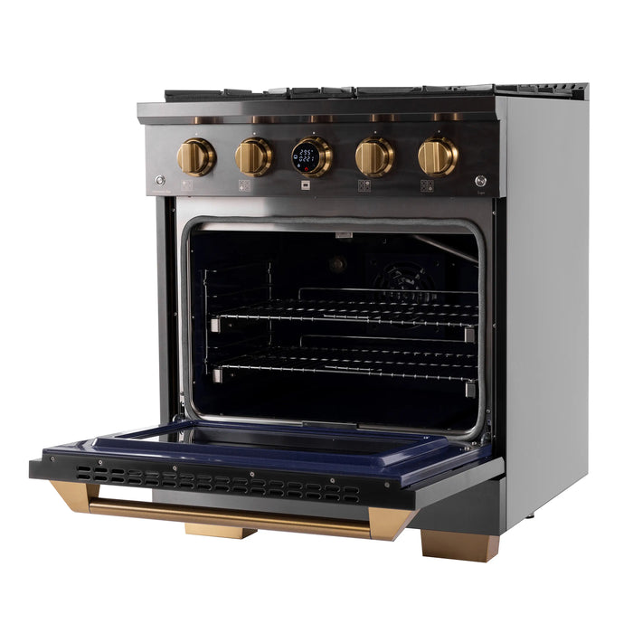 Kucht 2-Piece Appliance Package - 30-Inch Natural Gas Range with 4.2 Cu. Ft. Oven & Wall Mount Range Hood in Dark Titanium Stainless Steel with Gold Accents