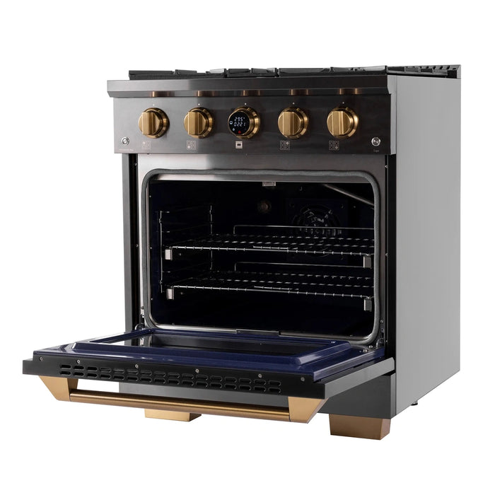 Kucht 2-Piece Appliance Package - 30-Inch Propane Gas Range with 4.2 Cu. Ft. Oven & Wall Mount Range Hood in Dark Titanium Stainless Steel with Gold Accents