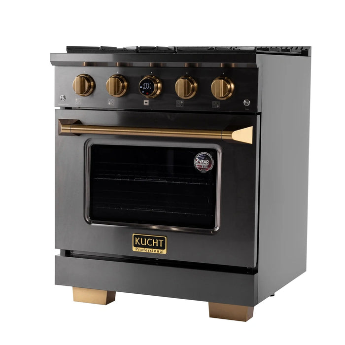 Kucht 2-Piece Appliance Package - 30-Inch Propane Gas Range with 4.2 Cu. Ft. Oven & Wall Mount Range Hood in Dark Titanium Stainless Steel with Gold Accents