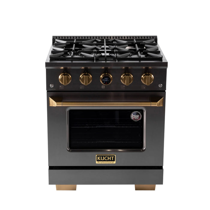 Kucht 2-Piece Appliance Package - 30-Inch Natural Gas Range with 4.2 Cu. Ft. Oven & Wall Mount Range Hood in Dark Titanium Stainless Steel with Gold Accents