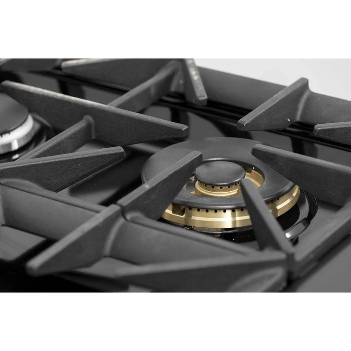 Kucht 2-Piece Appliance Package - 36-Inch Propane Gas Range with 5.2 Cu. Ft. Oven & Wall Mount Range Hood in Dark Titanium Stainless Steel with Gold Accents