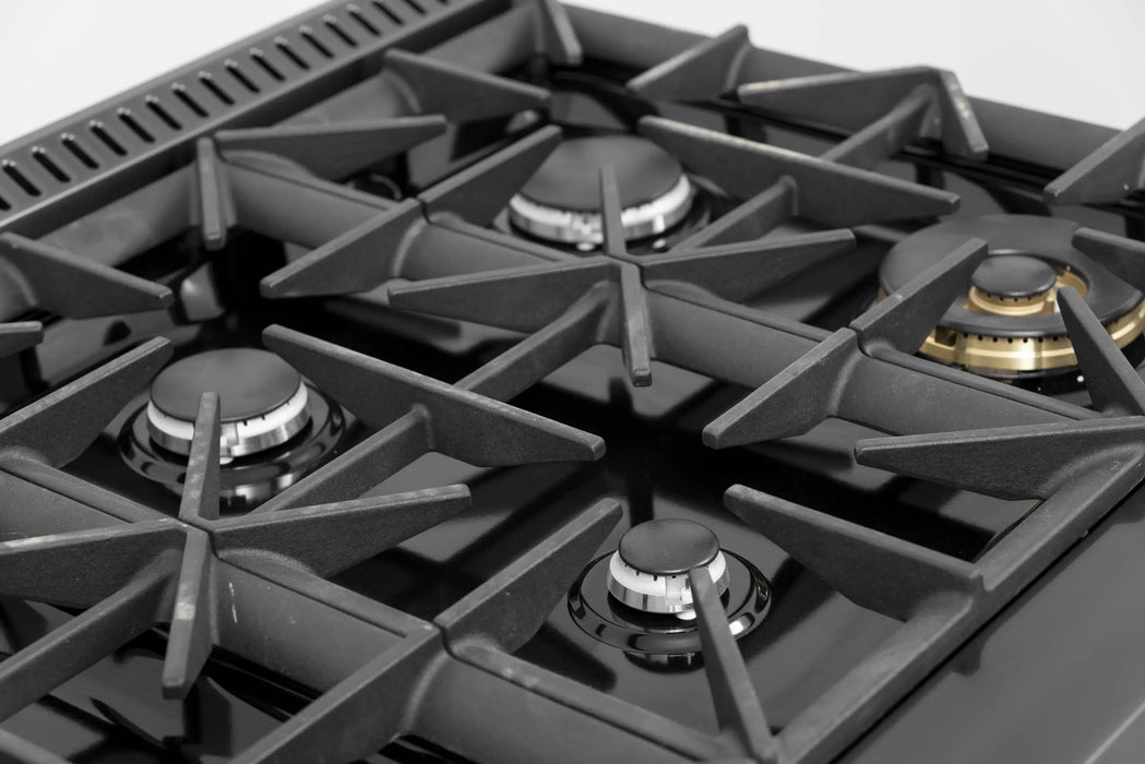 Kucht 2-Piece Appliance Package - 36-Inch Natural Gas Range with 5.2 Cu. Ft. Oven & Wall Mount Range Hood in Dark Titanium Stainless Steel with Gold Accents