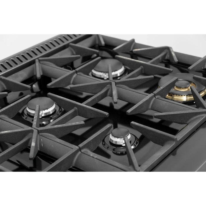 Kucht 2-Piece Appliance Package - 36-Inch Propane Gas Range with 5.2 Cu. Ft. Oven & Wall Mount Range Hood in Dark Titanium Stainless Steel with Gold Accents