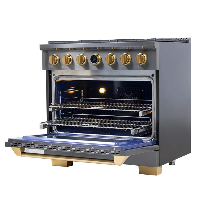 Kucht Horus 36-Inch Dual Fuel Range with 5.2 cu. ft. Electric Oven and 6 Gas Burners in Dark Titanium Stainless Steel with Digital Thermostat (KXD36)
